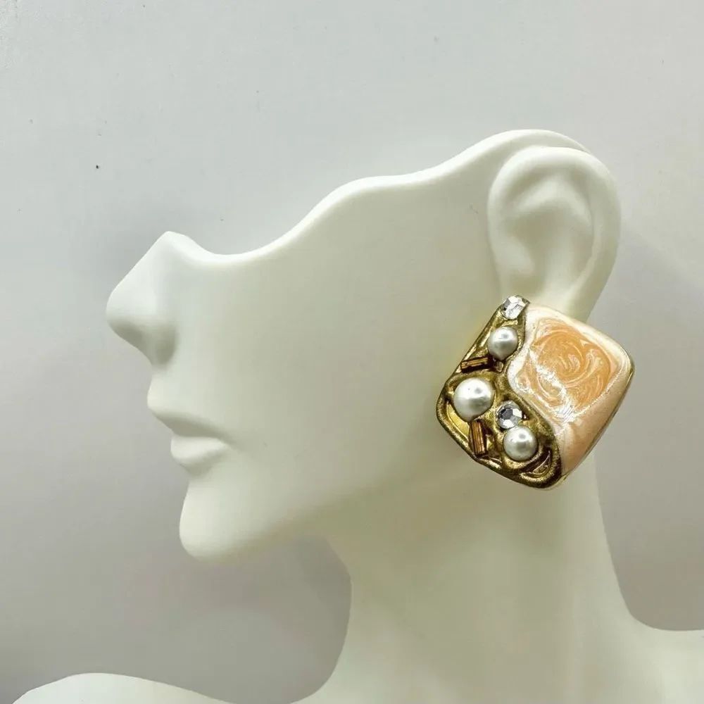 Square faux pearl rhinestone peach earrings